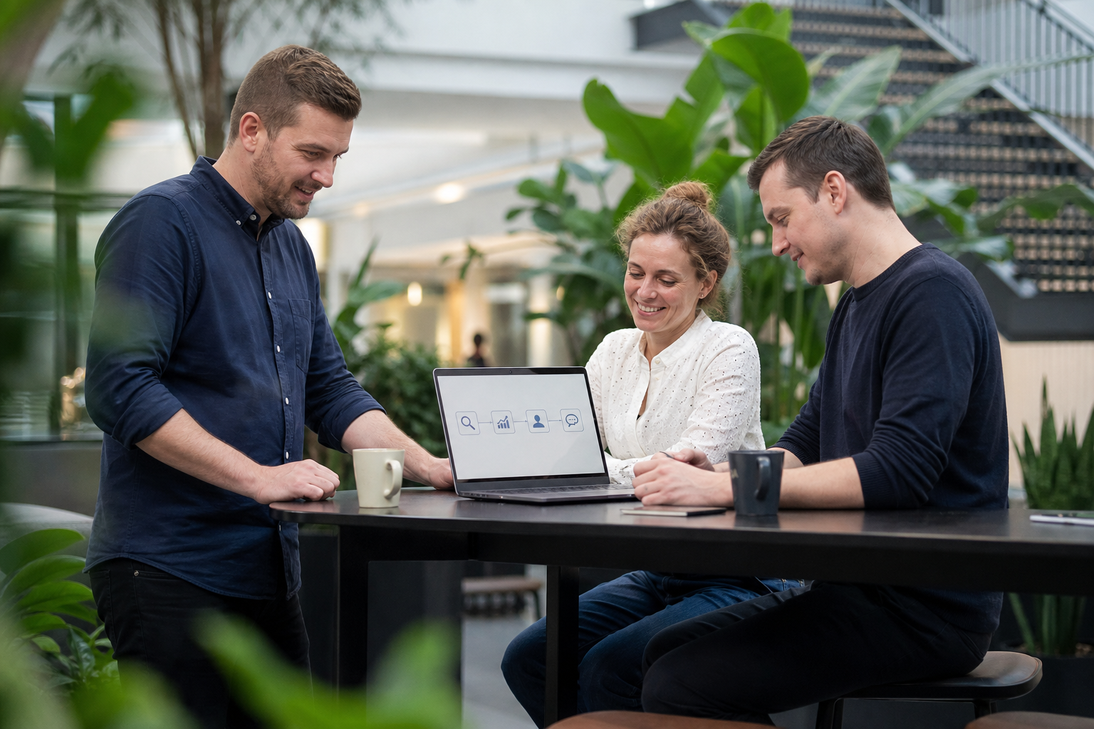 Tre kolleger planlægger et workflow med flere AI-agenter på en computer