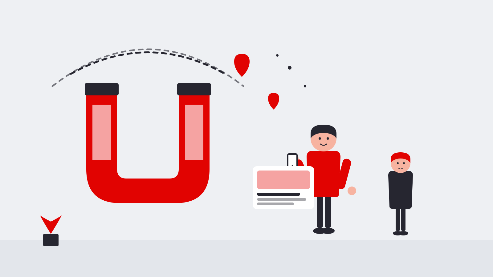 Illustration af en magnet, der tiltrækker glade mennesker som metafor for inbound marketing