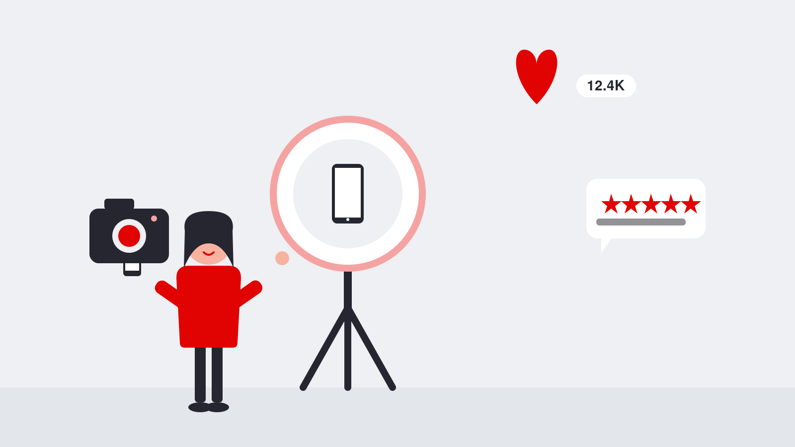 Illustration af en influencer foran ring light og kamera med likes og stjernebedømmelser