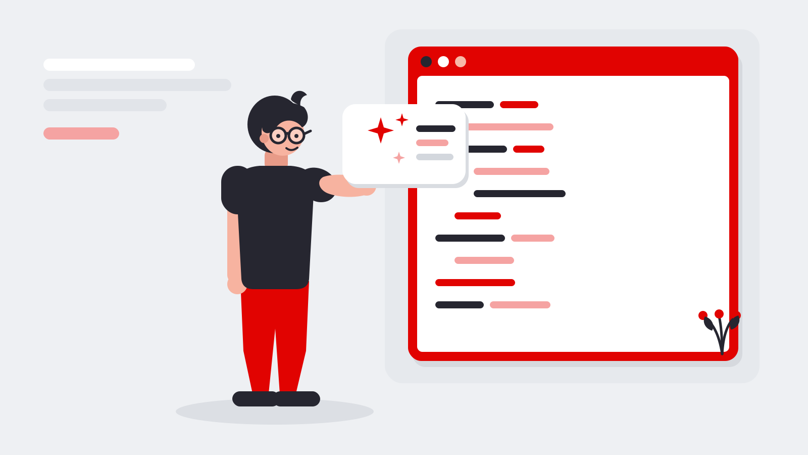Vibe Coding illustreret: en person beskriver en opgave i ord, mens en AI genererer koden i et kodevindue.